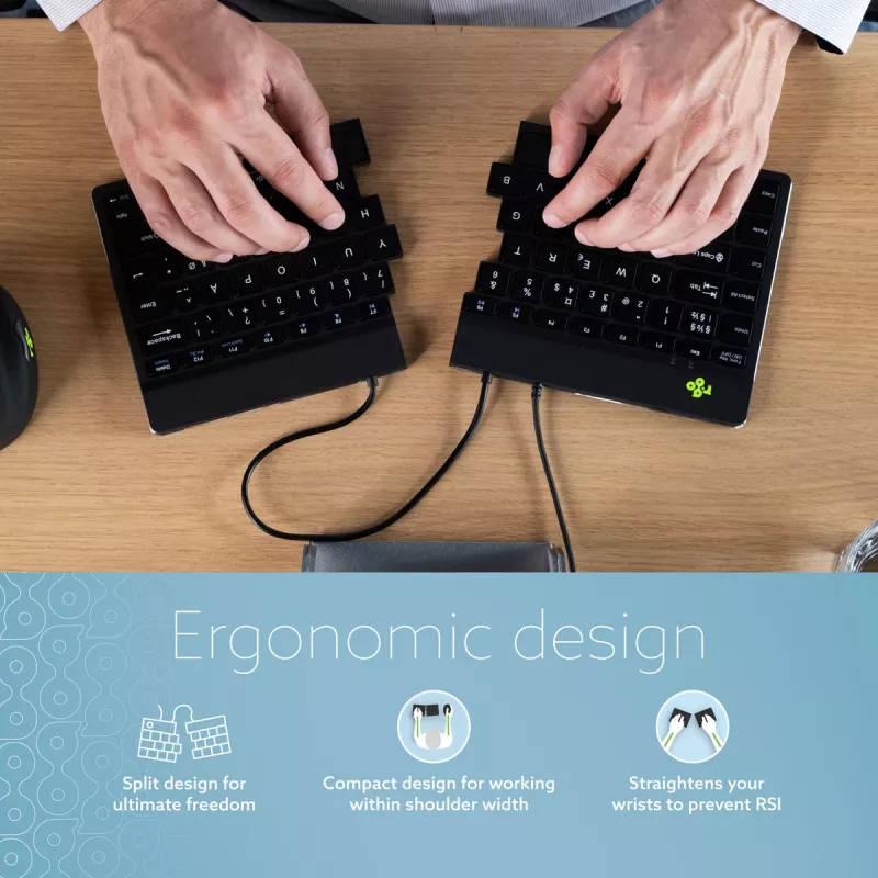R-Go Tools Ergonominė klaviatūra R-Go Split Break v2 su pertraukų programine įranga, ergonomiška atskirta klaviatūra, QWERTY (US), laidinė, juoda