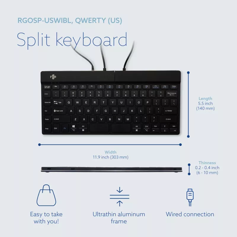 R-Go Tools Ergonominė klaviatūra R-Go Split Break v2 su pertraukų programine įranga, ergonomiška atskirta klaviatūra, QWERTY (US), laidinė, juoda