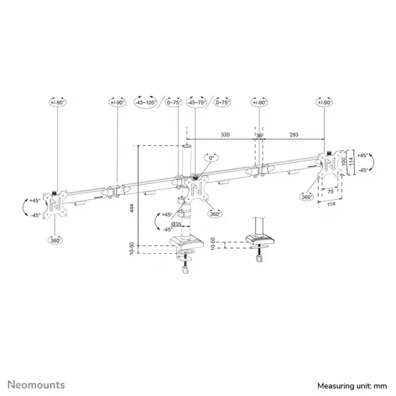 Stalinė monitoriaus rankena Neomounts DS60-600BL3 spaustuvas / apvalkalo įvorė 10-27 col.