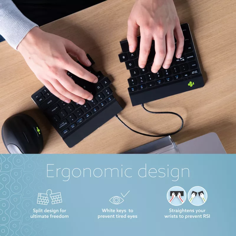 Ergonomiška klaviatūra „R-Go Split Break“ su pertraukų programine įranga, ergonomiška atskirta klaviatūra, QWERTY (US), Bluetooth, juoda