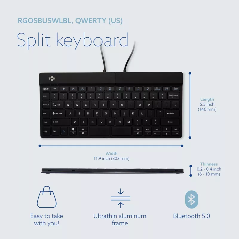 Ergonomiška klaviatūra „R-Go Split Break“ su pertraukų programine įranga, ergonomiška atskirta klaviatūra, QWERTY (US), Bluetooth, juoda