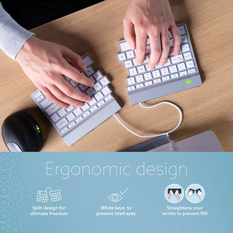 R-Go Tools ergonominė klaviatūra R-Go Split Break su pertraukų programine įranga, ergonomiška padalinta klaviatūra, QWERTY (US), Bluetooth, balta