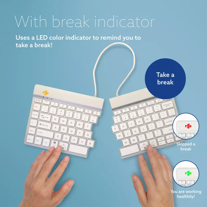 R-Go Tools ergonominė klaviatūra R-Go Split Break su pertraukų programine įranga, ergonomiška padalinta klaviatūra, QWERTY (US), Bluetooth, balta