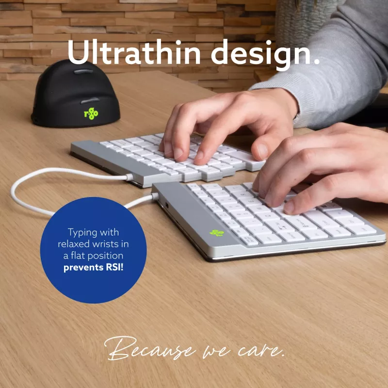 R-Go Tools ergonominė klaviatūra R-Go Split Break su pertraukų programine įranga, ergonomiška padalinta klaviatūra, QWERTY (US), Bluetooth, balta