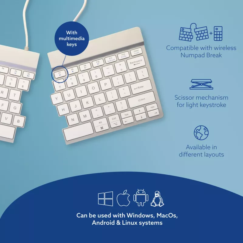 R-Go Tools ergonominė klaviatūra R-Go Split Break su pertraukų programine įranga, ergonomiška padalinta klaviatūra, QWERTY (US), Bluetooth, balta