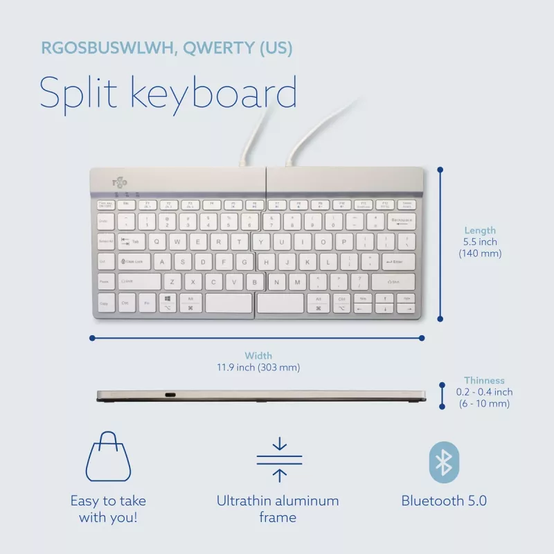 R-Go Tools ergonominė klaviatūra R-Go Split Break su pertraukų programine įranga, ergonomiška padalinta klaviatūra, QWERTY (US), Bluetooth, balta