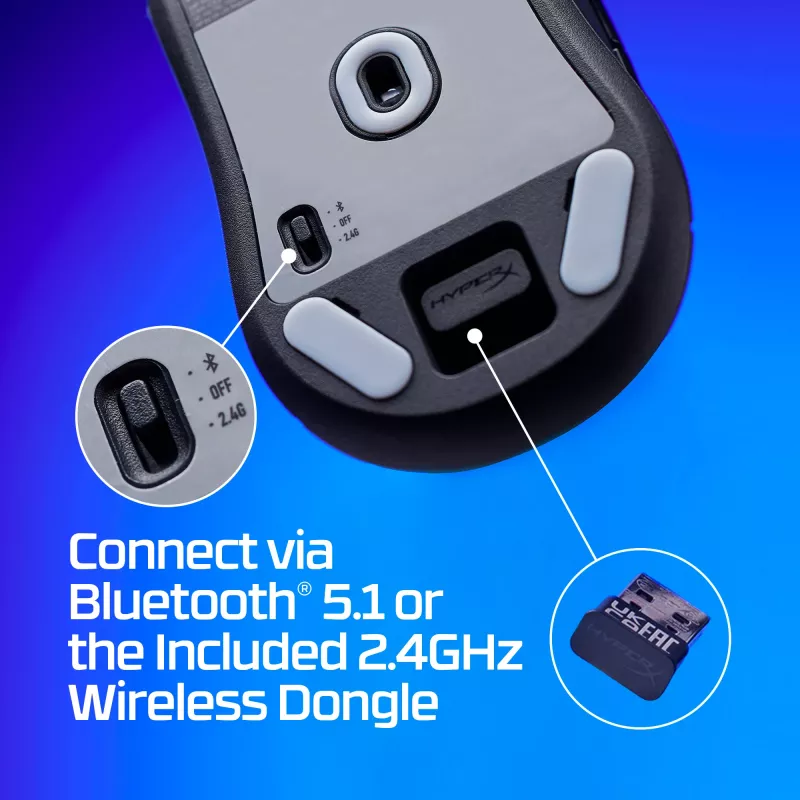 Belaidė žaidimų pelė KINGSTON HyperX Pulsefire Haste 2 Mini — abiem rankoms tinkama, 26 000 DPI, RF / Bluetooth / USB