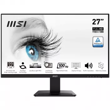 MSI Pro MP273A 27 colių monitorius, Full HD (1920 x 1080), 100Hz, IPS, 4ms, HDMI, DisplayPort, VGA, įmontuoti garsiakalbiai, antirefleksinis, be mirgėjimo, mažiau mėlynos šviesos, TÜV sertifikuotas, VESA, Kensington, juodas