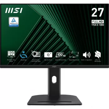 MSI PRO MP275PG 27 colių monitorius, FHD (1920 x 1080), 100Hz, IPS, 1ms, 1x HDMI 1.4b, 1x DP 1.2a išvestis, 1x D-Sub(VGA), įmontuoti garsiakalbiai, Anti-Glare, Anti-Flicker, Mažiau mėlynos šviesos, TÜV sertifikuotas, VESA, Kensington, 4 krypčių reguliuoja