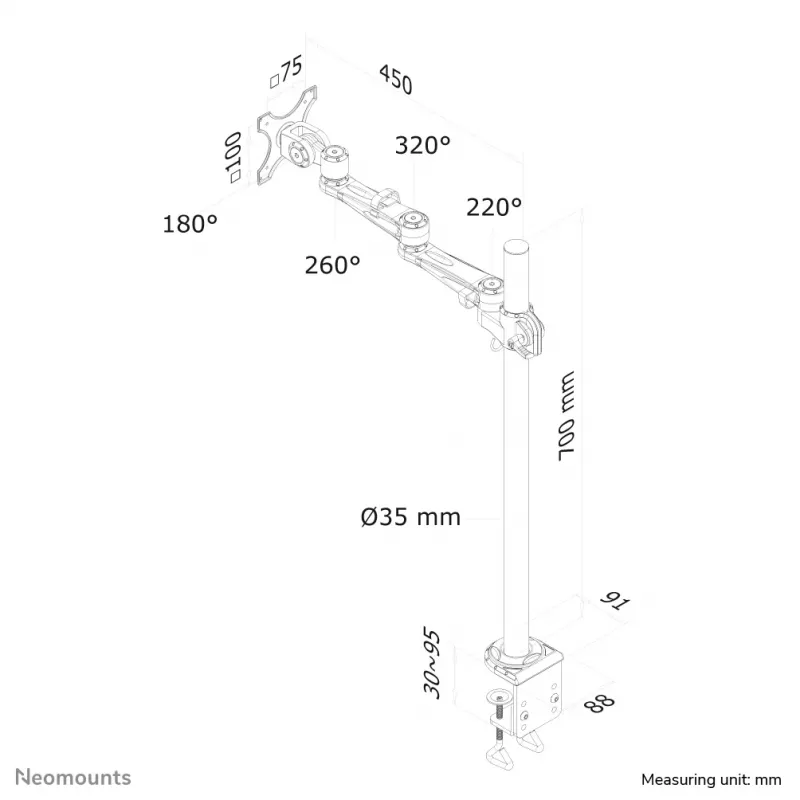 Neomounts FPMA-D935POLE70 Monitoro laikiklis 10-30 colių, Spaustuvas, 10 kg, 25,4 cm (10 colių), 76,2 cm (30 colių), 100 x 100 mm, Sidabrinis