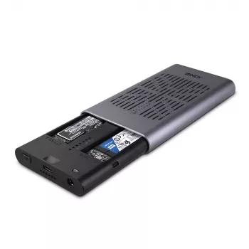 Lindy USB 3.2 Gen 2x2 dvigubas M.2 NVMe SSD korpusas su klonavimo funkcija