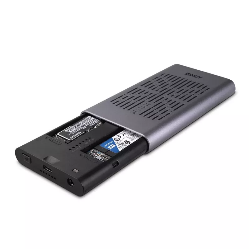 Lindy USB 3.2 Gen 2x2 dvigubas M.2 NVMe SSD korpusas su klonavimo funkcija