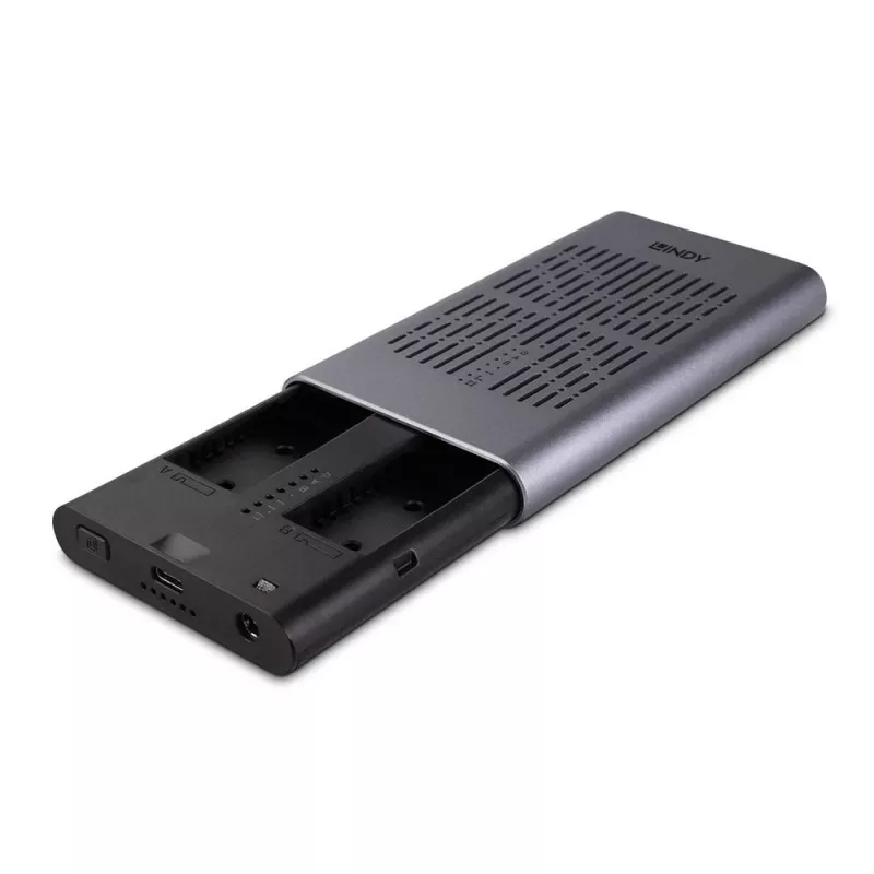 Lindy USB 3.2 Gen 2x2 dvigubas M.2 NVMe SSD korpusas su klonavimo funkcija