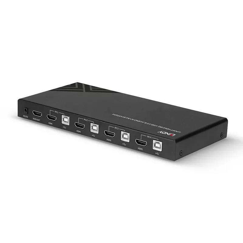 Lindy KVM jungiklis HDMI 18G USB 2.0 Audio 4 prievadų 4K Ultra HD