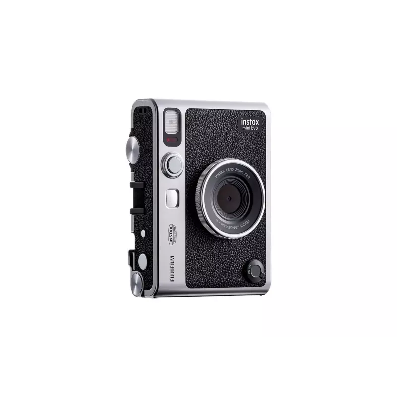 Momentinio spausdinimo fotoaparatas Fujifilm Instax Mini Evo — 1/5 colio CMOS 2560×1920, 3 colių TFT, 1/8000–0,25 s užraktas, įmontuota blykstė, 285 g, sidabrinė/juoda