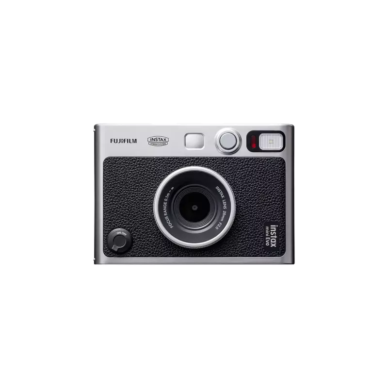 Momentinio spausdinimo fotoaparatas Fujifilm Instax Mini Evo — 1/5 colio CMOS 2560×1920, 3 colių TFT, 1/8000–0,25 s užraktas, įmontuota blykstė, 285 g, sidabrinė/juoda