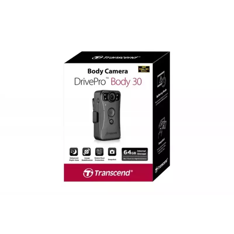 Veiksmo sporto kamera TRANSCEND DrivePro Body 30 — Full HD 1920x1080, 130° objektyvas, 128GB, Wi‑Fi, IP67