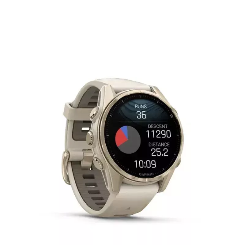 Išmanusis laikrodis GARMIN fenix 8 Gold — 43 mm, AMOLED 1,3 colio, Safyras, 10 ATM, GPS/GLONASS/BeiDou/Galileo, 32 GB, 10 dienų baterija