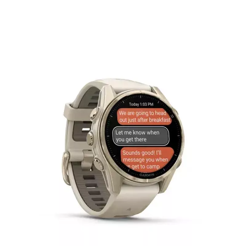 Išmanusis laikrodis GARMIN fenix 8 Gold — 43 mm, AMOLED 1,3 colio, Safyras, 10 ATM, GPS/GLONASS/BeiDou/Galileo, 32 GB, 10 dienų baterija