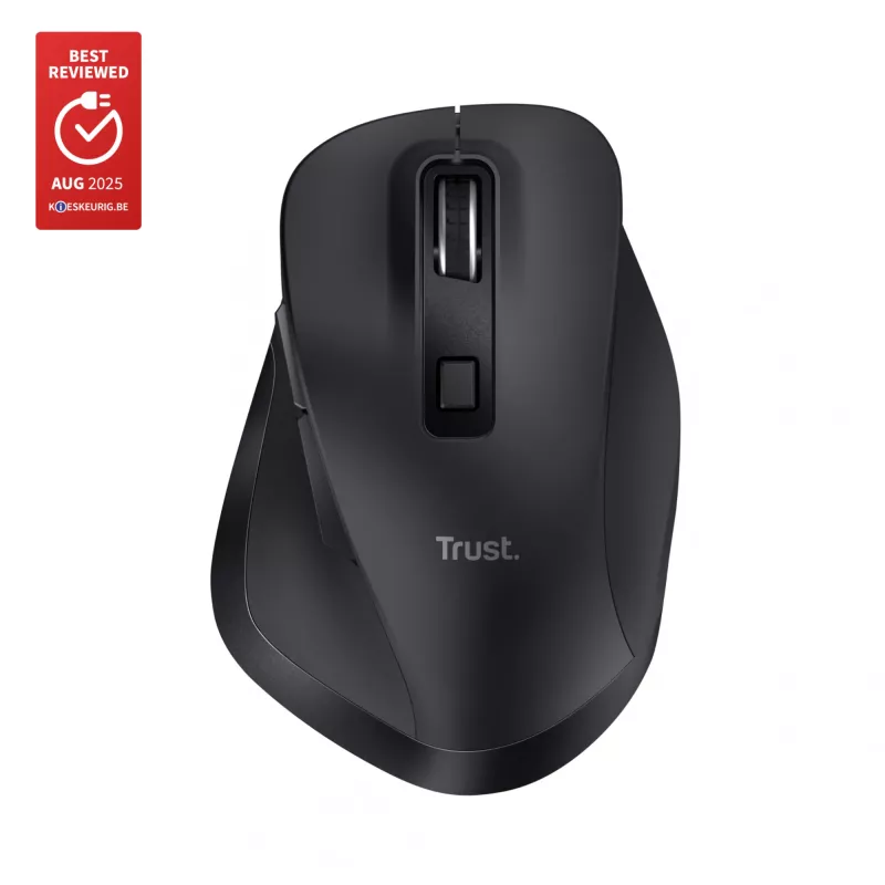 TRUST Fyda Office dešiniarankė belaidė pelė – RF + Bluetooth, optinė 2400 DPI, 6 mygtukai, juoda