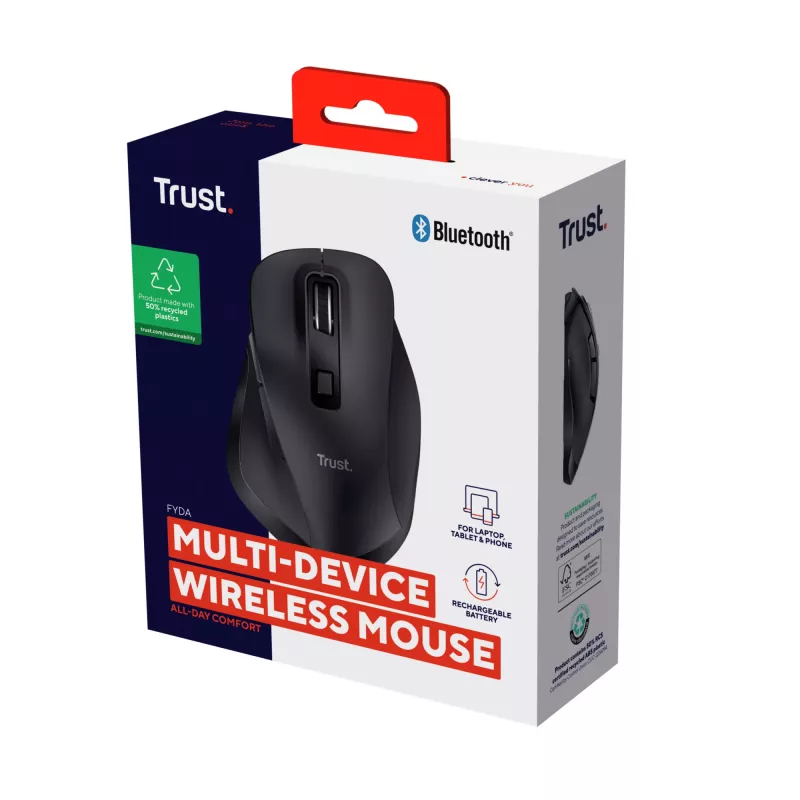 TRUST Fyda Office dešiniarankė belaidė pelė – RF + Bluetooth, optinė 2400 DPI, 6 mygtukai, juoda