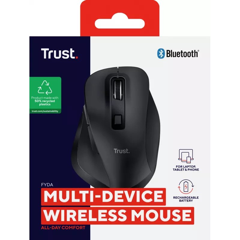 TRUST Fyda Office dešiniarankė belaidė pelė – RF + Bluetooth, optinė 2400 DPI, 6 mygtukai, juoda