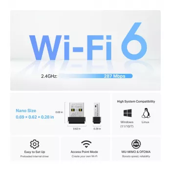 Belaidis USB adapteris TP‑Link Archer TX1U Nano Wi‑Fi 6 (IEEE 802.11ax) Dviejų juostų 2,4/5 GHz, 287 Mbit/s, Bluetooth, USB 2.0, juodas