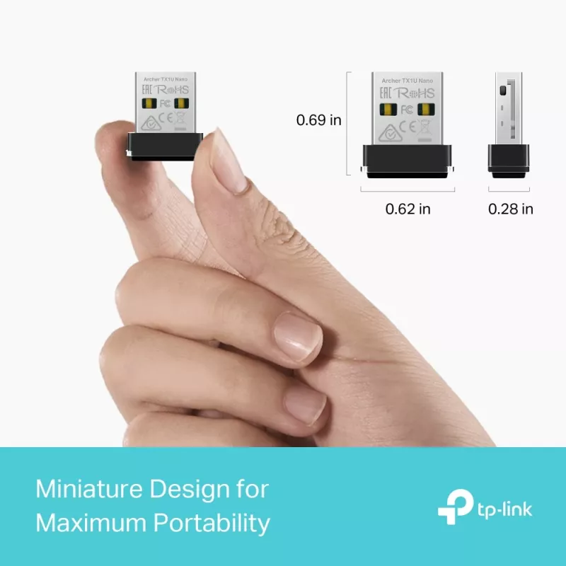 Belaidis USB adapteris TP‑Link Archer TX1U Nano Wi‑Fi 6 (IEEE 802.11ax) Dviejų juostų 2,4/5 GHz, 287 Mbit/s, Bluetooth, USB 2.0, juodas