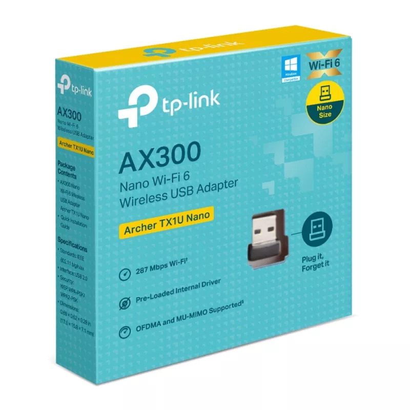 Belaidis USB adapteris TP‑Link Archer TX1U Nano Wi‑Fi 6 (IEEE 802.11ax) Dviejų juostų 2,4/5 GHz, 287 Mbit/s, Bluetooth, USB 2.0, juodas