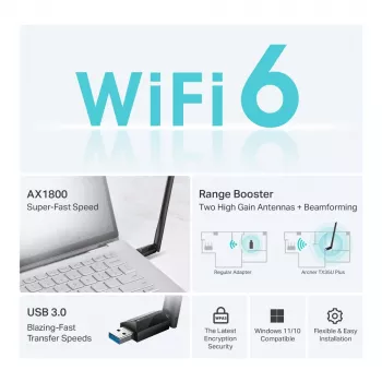 Belaidis USB Wi‑Fi adapteris TP‑LINK Archer TX35U PLUS — Wi‑Fi 6 dviejų juostų 1201 Mbit/s, maitinamas USB, juodas