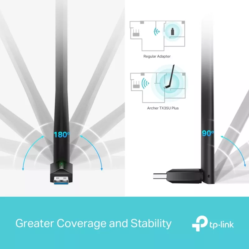 Belaidis USB Wi‑Fi adapteris TP‑LINK Archer TX35U PLUS — Wi‑Fi 6 dviejų juostų 1201 Mbit/s, maitinamas USB, juodas