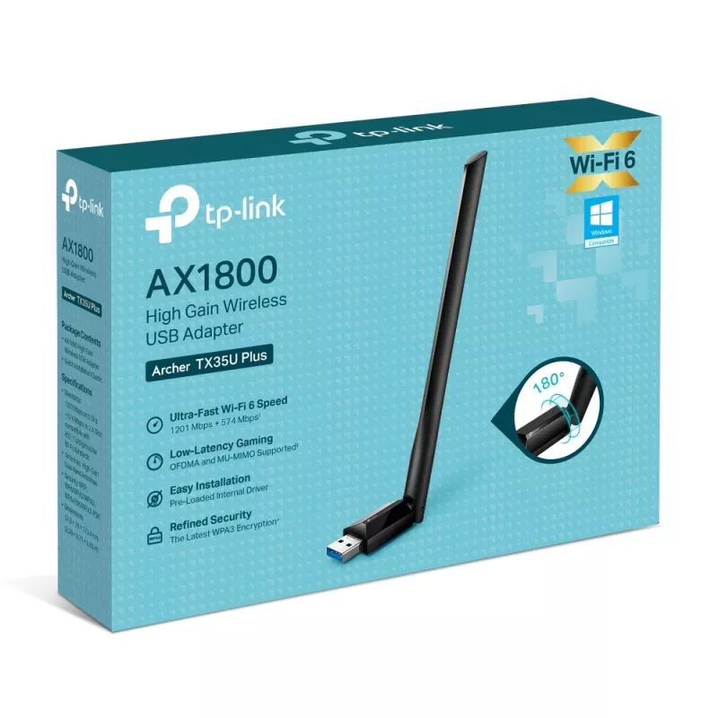 Belaidis USB Wi‑Fi adapteris TP‑LINK Archer TX35U PLUS — Wi‑Fi 6 dviejų juostų 1201 Mbit/s, maitinamas USB, juodas