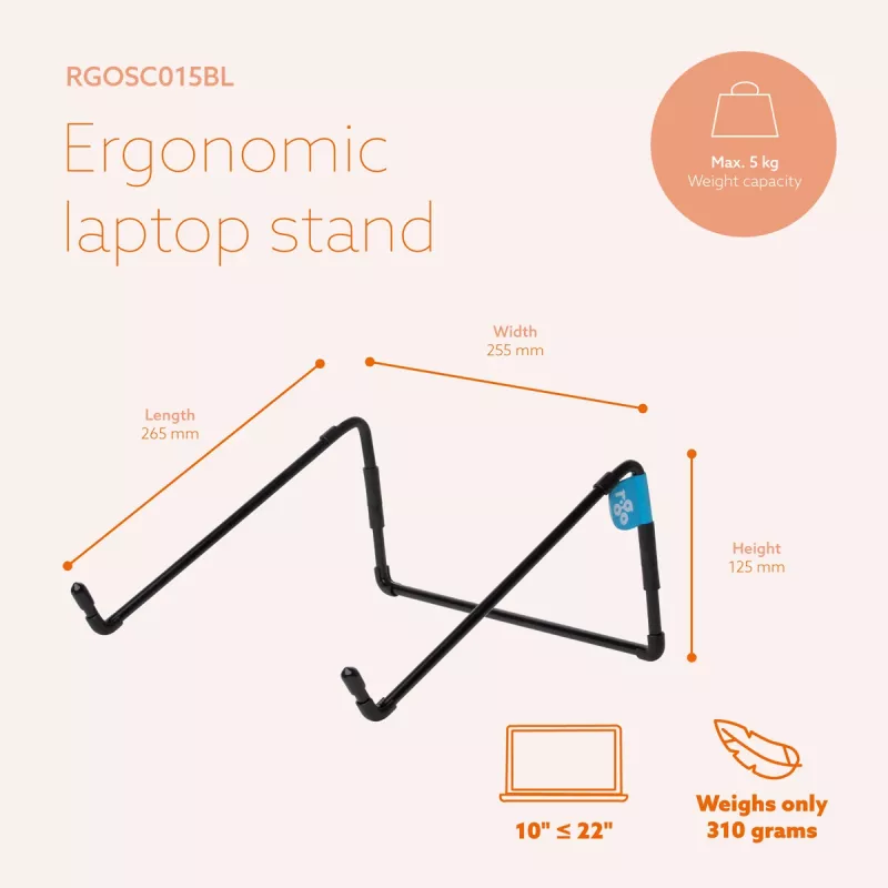 R-Go Tools nešiojamojo kompiuterio stovas R-Go Steel Travel, ergonomiškas ir sulankstomas, tinkamas 10–22 colių nešiojamiesiems kompiuteriams, juodas
