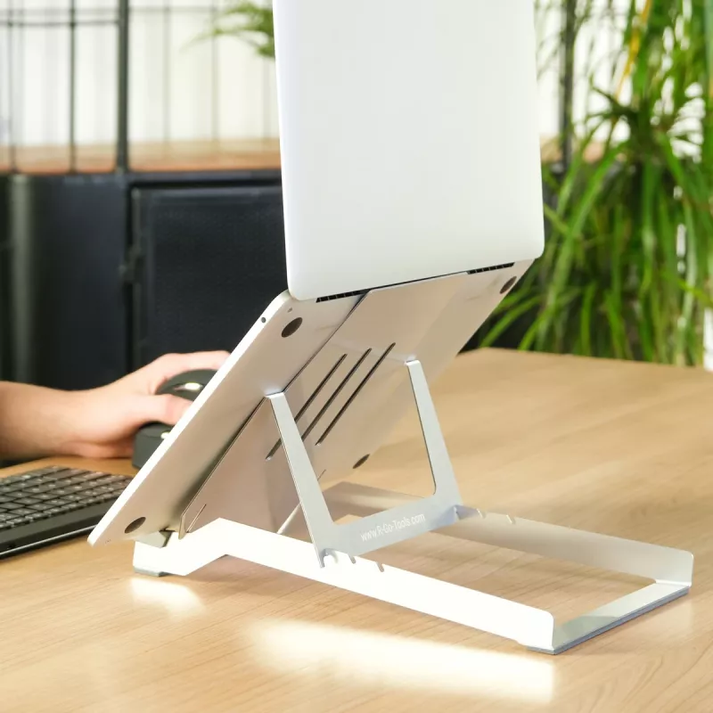 R-Go Tools nešiojamojo kompiuterio stovas R-Go Riser Basic, sulankstomas ir reguliuojamas nešiojamojo kompiuterio stovas, aliuminis, sidabrinis