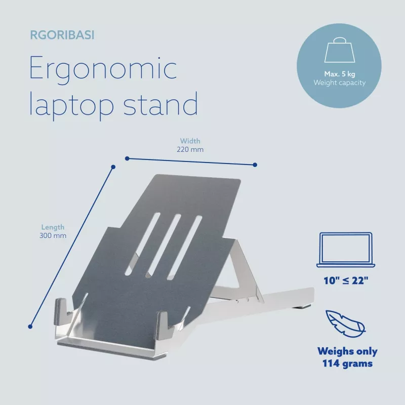 R-Go Tools nešiojamojo kompiuterio stovas R-Go Riser Basic, sulankstomas ir reguliuojamas nešiojamojo kompiuterio stovas, aliuminis, sidabrinis