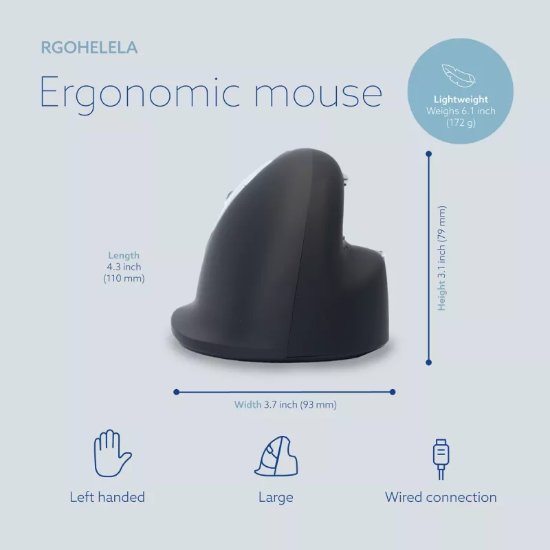 R-Go Tools ergonominė pelė R-Go HE Break su pertraukų programine įranga, didelė (plaštakos dydis ≥ 185 mm), kairiarankiams, laidinė, juoda