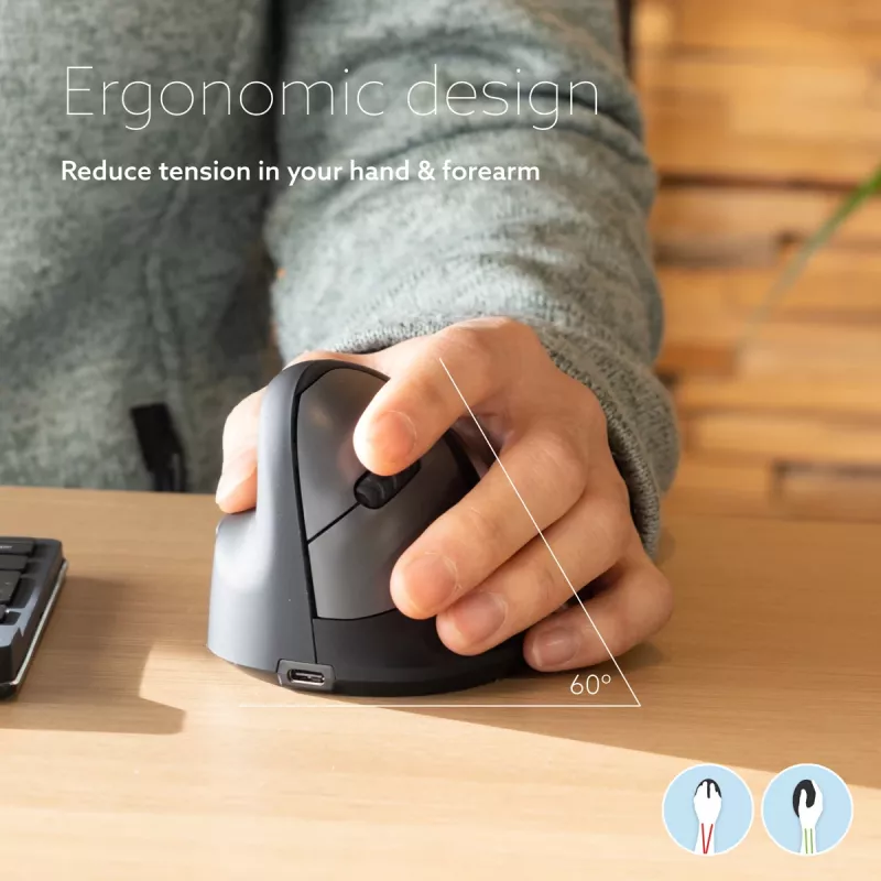 R-Go Tools ergonominė pelė R-Go HE Break su pertraukų programine įranga, vidutinė (plaštakos dydis 165–185 mm), kairiarankiams, Bluetooth, juoda
