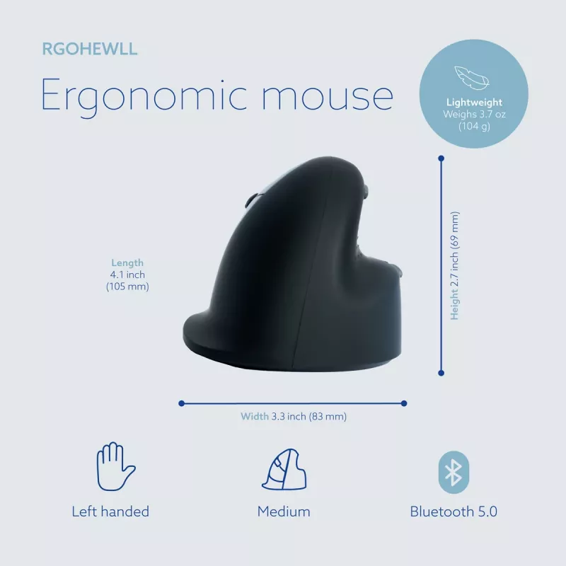 R-Go Tools ergonominė pelė R-Go HE Break su pertraukų programine įranga, vidutinė (plaštakos dydis 165–185 mm), kairiarankiams, Bluetooth, juoda