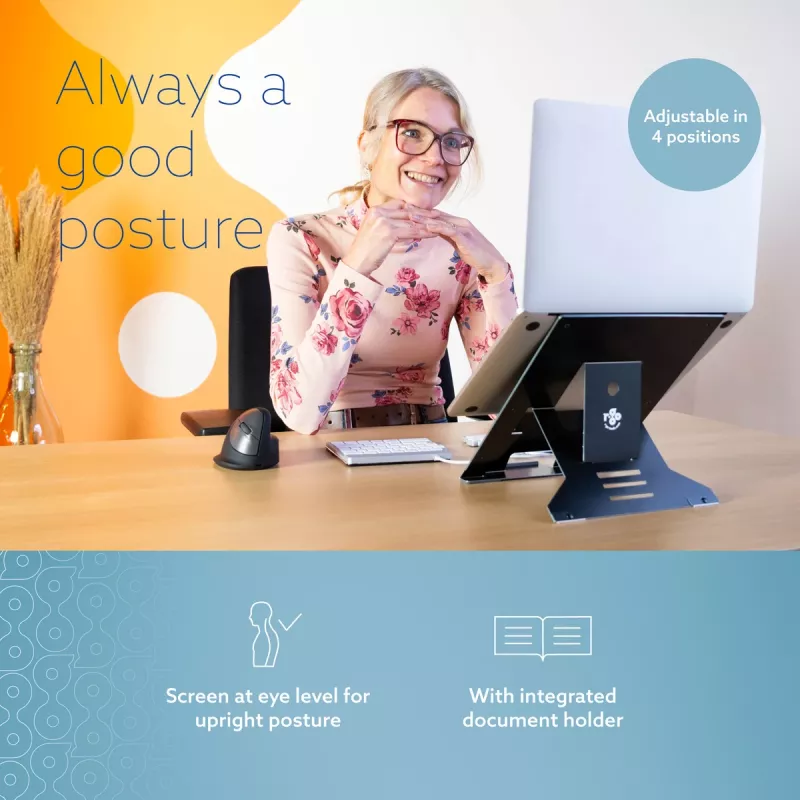 R-Go Tools nešiojamojo kompiuterio stovas R-Go Riser Document, ergonomiškas, sulankstomas ir reguliuojamas stovas su dokumentų laikikliu, juodas