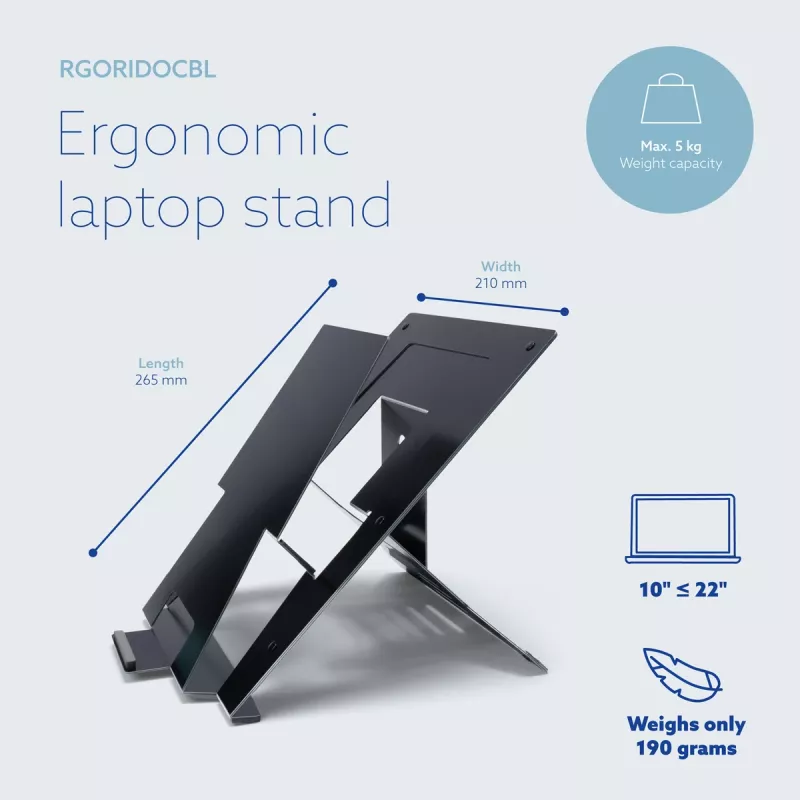 R-Go Tools nešiojamojo kompiuterio stovas R-Go Riser Document, ergonomiškas, sulankstomas ir reguliuojamas stovas su dokumentų laikikliu, juodas
