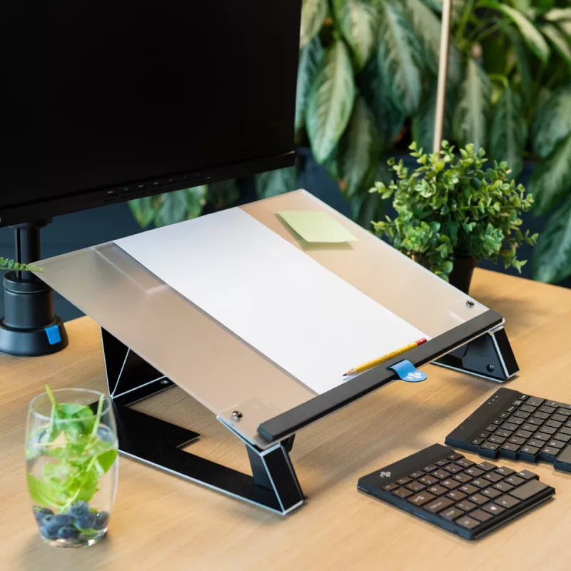 R-Go Tools dokumentų laikiklis R-Go Read2Write, tinkamas skaitymui ir rašymui, ergonomiškas, su minkštu porolono riešo atrama, matinis akrilas