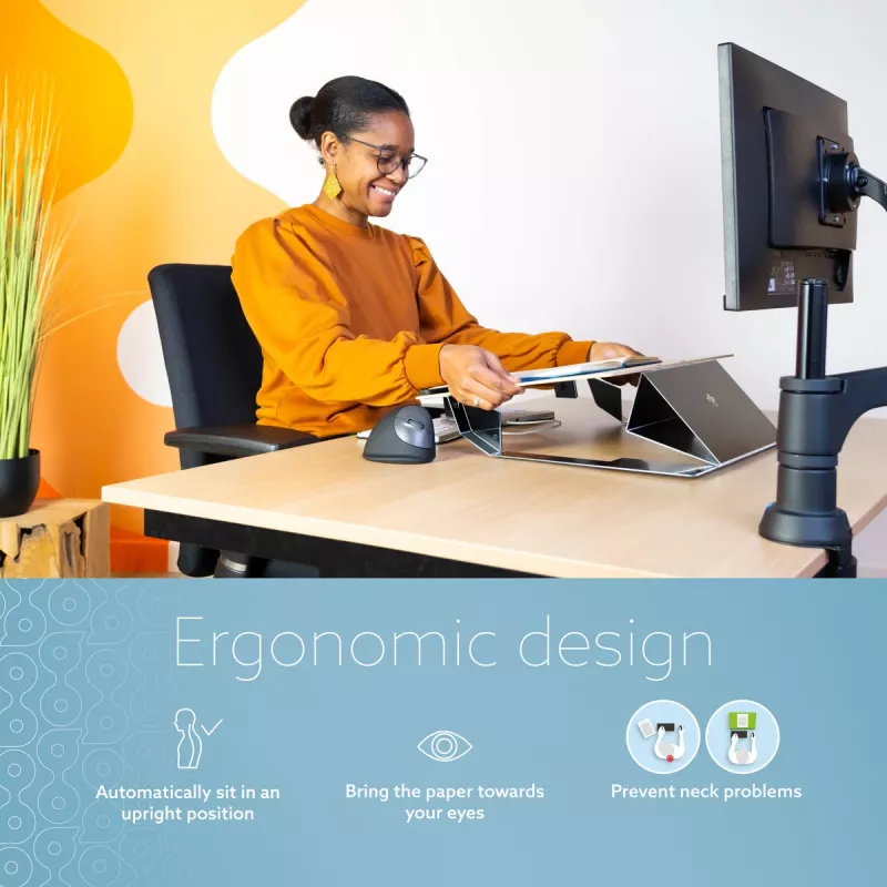 R-Go Tools dokumentų laikiklis R-Go Read2Write, tinkamas skaitymui ir rašymui, ergonomiškas, su minkštu porolono riešo atrama, matinis akrilas