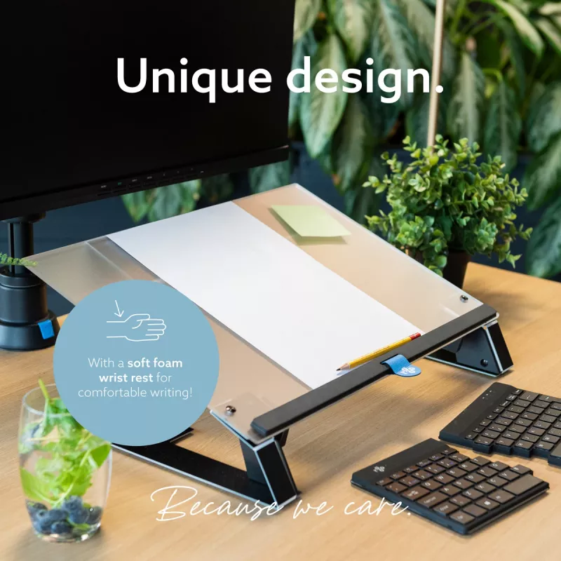 R-Go Tools dokumentų laikiklis R-Go Read2Write, tinkamas skaitymui ir rašymui, ergonomiškas, su minkštu porolono riešo atrama, matinis akrilas