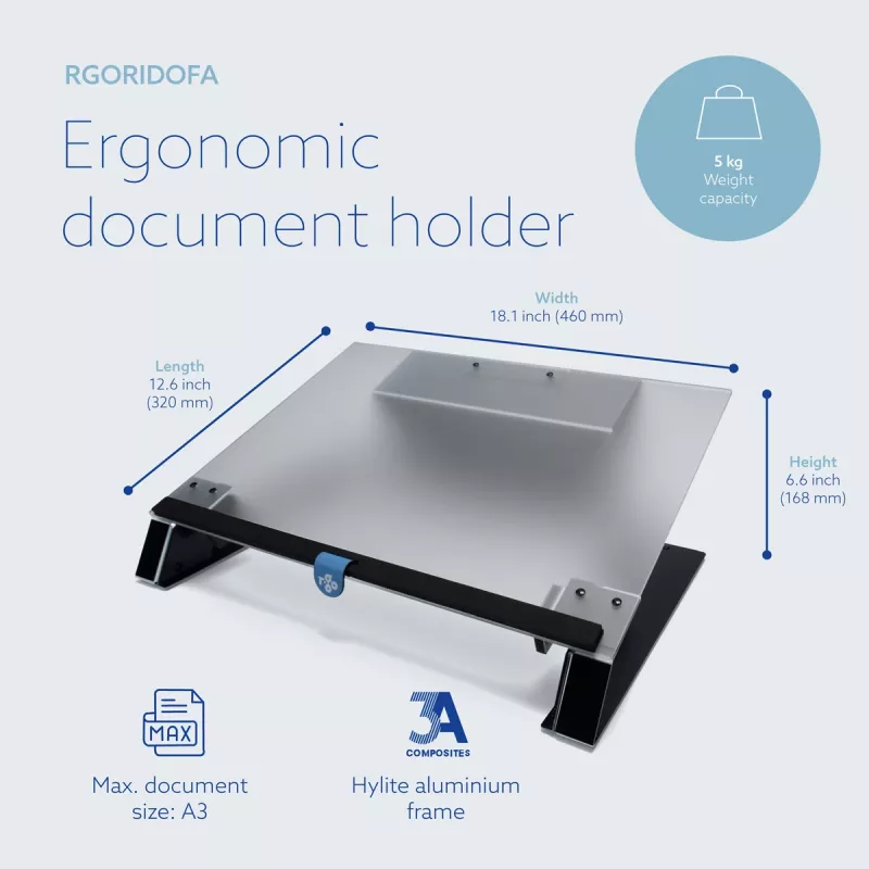 R-Go Tools dokumentų laikiklis R-Go Read2Write, tinkamas skaitymui ir rašymui, ergonomiškas, su minkštu porolono riešo atrama, matinis akrilas