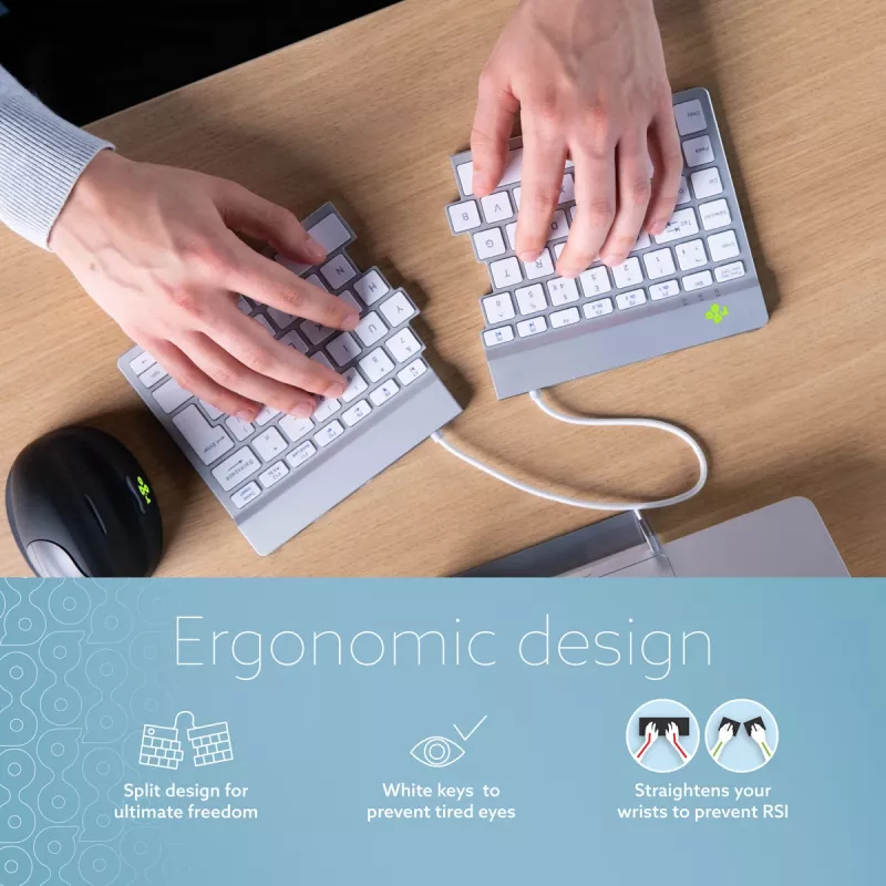 R-Go Tools Ergonominė klaviatūra R-Go Split Break su pertraukų programine įranga, ergonominė padalyta klaviatūra, QWERTY (UK), Bluetooth, balta