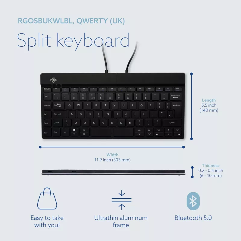 R-Go Tools ergonominė klaviatūra R-Go Split Break su pertraukų programine įranga, ergonominė padalinta klaviatūra, QWERTY (UK), Bluetooth, juoda