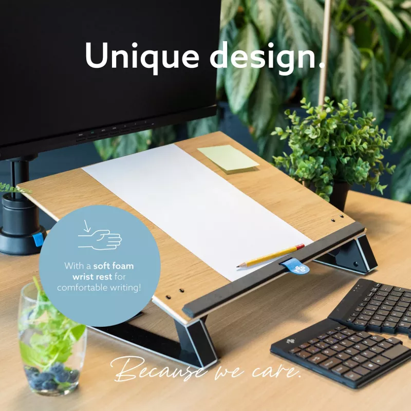 R-Go Tools dokumentų laikiklis R-Go Read2Write, tinkamas skaitymui ir rašymui, ergonomiškas, su minkštu porolono riešo atrama, ąžuolo mediena