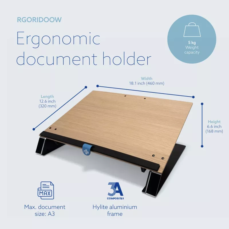 R-Go Tools dokumentų laikiklis R-Go Read2Write, tinkamas skaitymui ir rašymui, ergonomiškas, su minkštu porolono riešo atrama, ąžuolo mediena