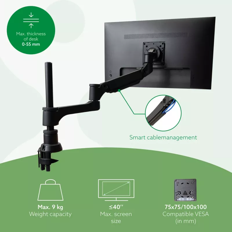 R-Go Tools Monitoro rankena R-Go Caparo Single, visiškai reguliuojama su dujine spyruokle, 3–9 kg apkrova, 100 % žiedinė, juoda