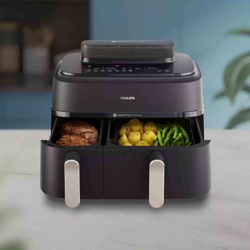 Karšto oro gruzdintuvė Philips 5000 serija NA551/00 — 9 l talpa, 2300 W, jutiklinis valdymas, LED ekranas, juoda/sidabrinė